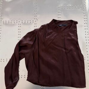 Zara Satin Mock Neck Long Sleeve Top in Deep Burgundy
